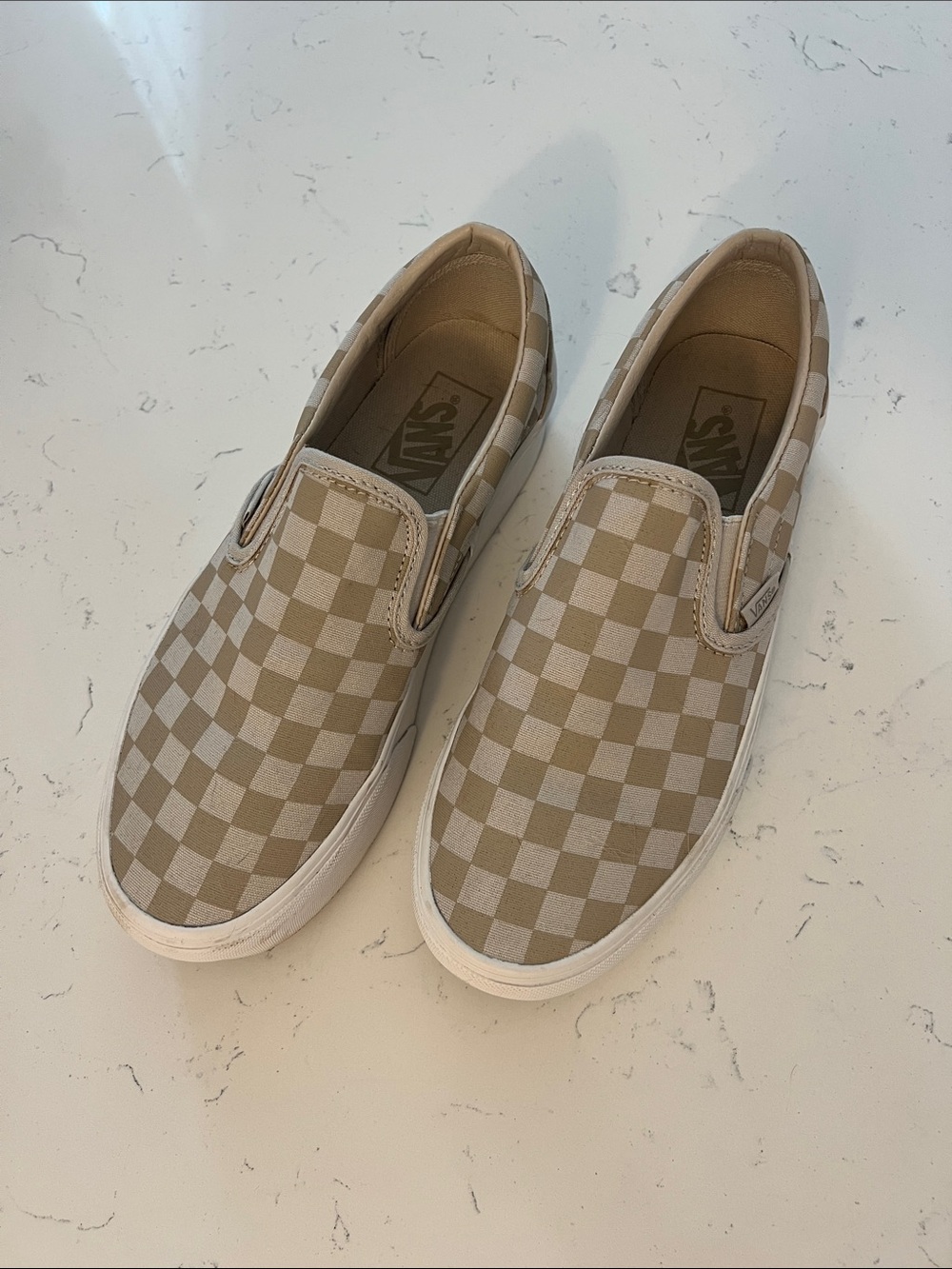 Vans Slip-On Checkerboard Canvas Flats in Beige and White